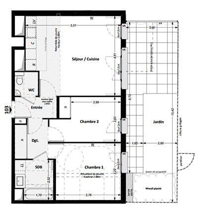 Programme immobilier neuf à Rueil-Malmaison : exemple de plan d'un appartement de 3 pièces en VEFA