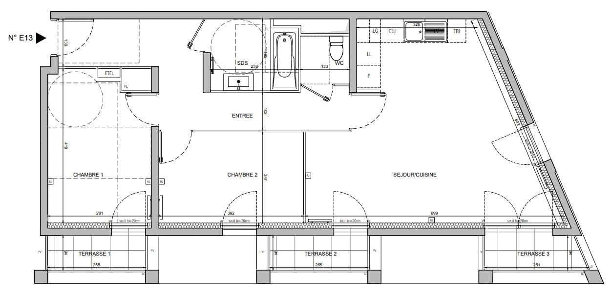 Paris Canal à Bobigny : aperçu du plan du 3 pièces E13