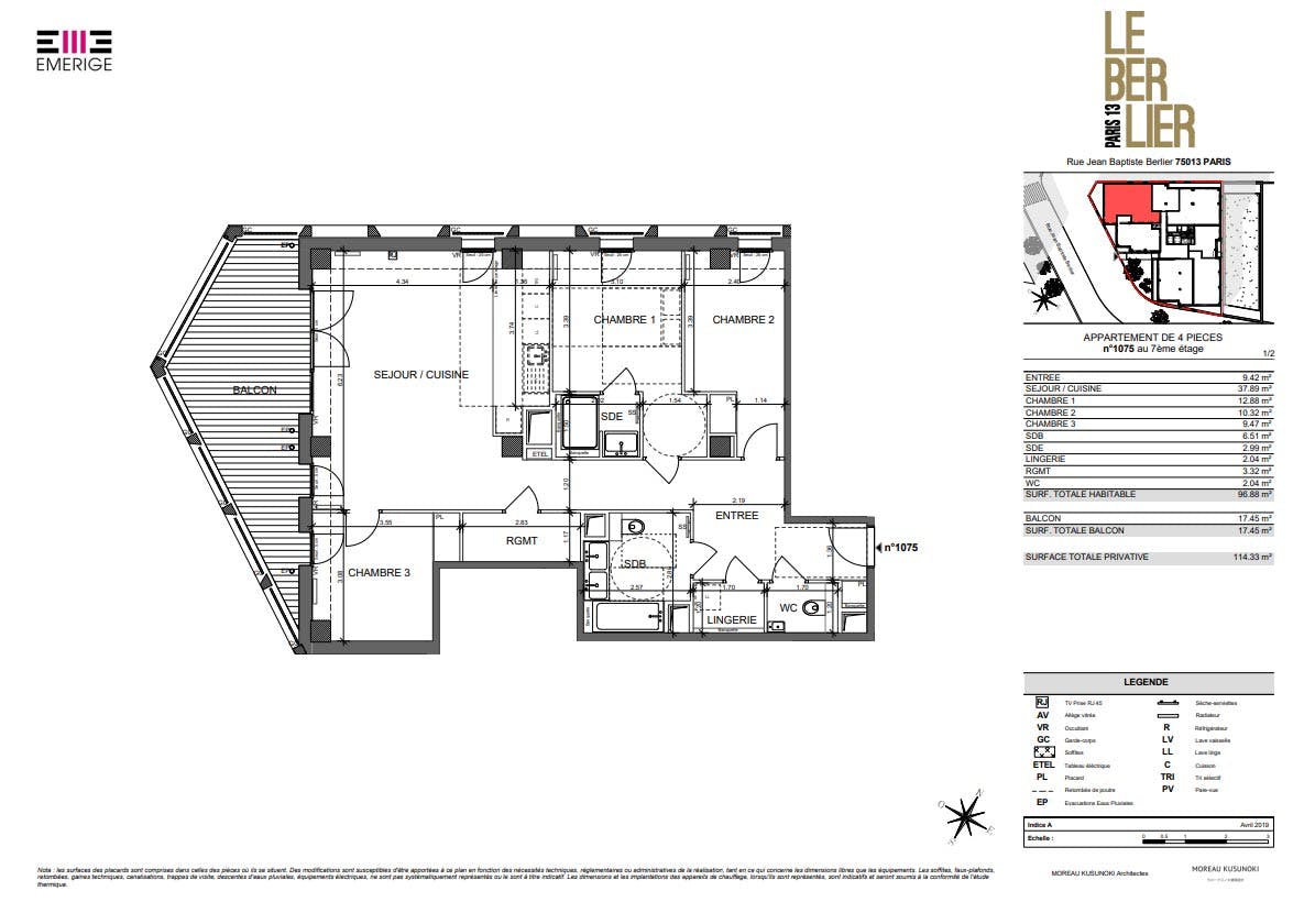 Plan d'un appartement de 4 pièces dans un programme immobilier neuf à Paris 13